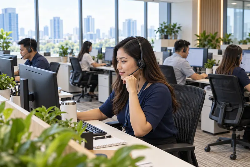 Customer service staff handling conversations across a bright support office.