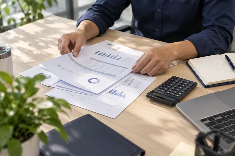 Close view of a finance professional reviewing reports and calculations.