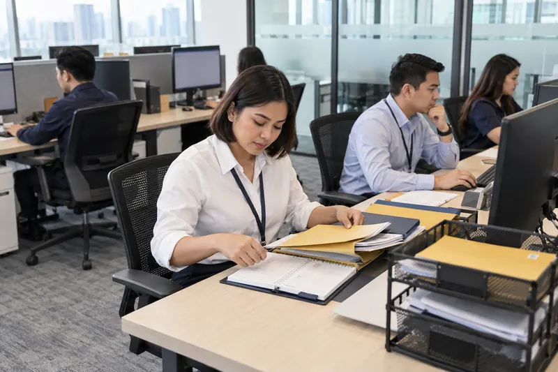 Illustrative scene of an administrator organising folders beside a colleague in an operations office.