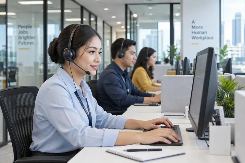 Illustrative scene of a customer service team working at shared office workstations.