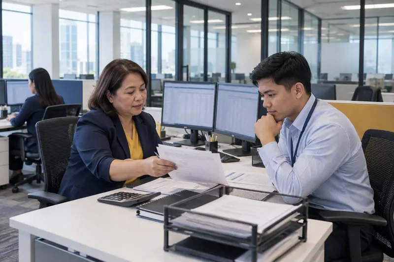 Illustrative scene of two finance professionals reviewing an invoice.