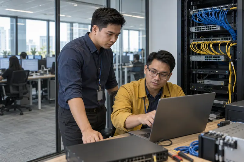 Illustrative scene of two IT professionals examining network equipment.